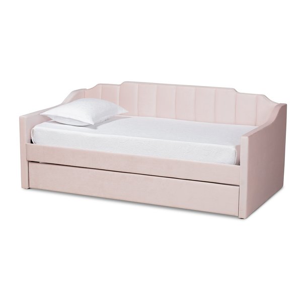 Baxton Studio Lennon Modern and Contemporary Pink Velvet Fabric Twin Size Daybed with Trundle 186-11472-Zoro